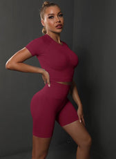 Two-Piece Set – High Elastic Peach Hip Short Sleeve Top & Shorts