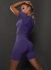 Two-Piece Set – High Elastic Peach Hip Short Sleeve Top & Shorts