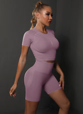 Two-Piece Set – High Elastic Peach Hip Short Sleeve Top & Shorts