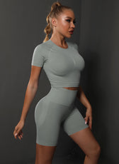 Two-Piece Set – High Elastic Peach Hip Short Sleeve Top & Shorts