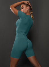 Two-Piece Set – High Elastic Peach Hip Short Sleeve Top & Shorts