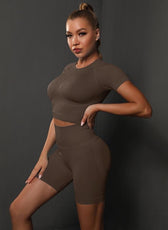 Two-Piece Set – High Elastic Peach Hip Short Sleeve Top & Shorts