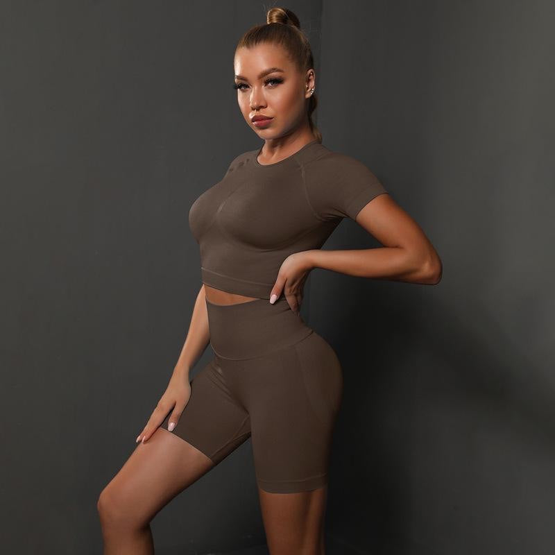 Two-Piece Set – High Elastic Peach Hip Short Sleeve Top & Shorts