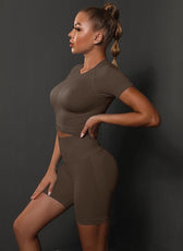 Two-Piece Set – High Elastic Peach Hip Short Sleeve Top & Shorts