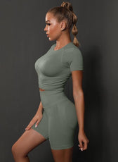 Two-Piece Set – High Elastic Peach Hip Short Sleeve Top & Shorts