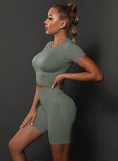 Two-Piece Set – High Elastic Peach Hip Short Sleeve Top & Shorts