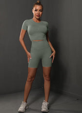 Two-Piece Set – High Elastic Peach Hip Short Sleeve Top & Shorts