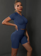 Two-Piece Set – High Elastic Peach Hip Short Sleeve Top & Shorts