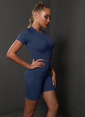 Two-Piece Set – High Elastic Peach Hip Short Sleeve Top & Shorts