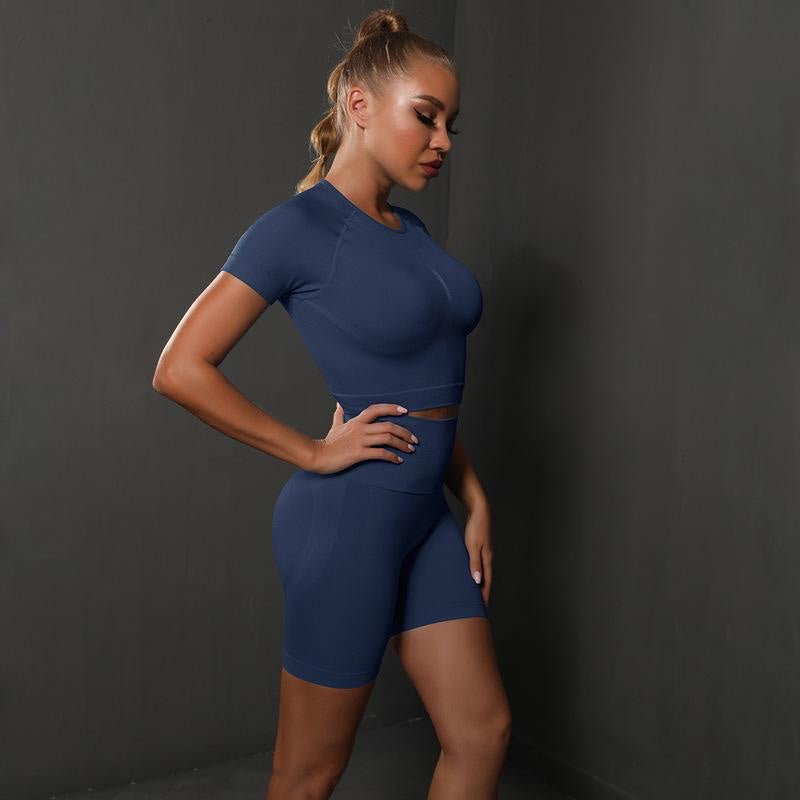 Two-Piece Set – High Elastic Peach Hip Short Sleeve Top & Shorts