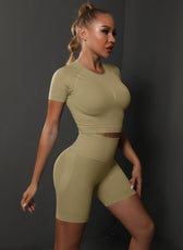 Two-Piece Set – High Elastic Peach Hip Short Sleeve Top & Shorts