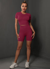 Two-Piece Set – High Elastic Peach Hip Short Sleeve Top & Shorts