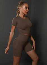 Two-Piece Set – High Elastic Peach Hip Short Sleeve Top & Shorts