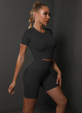 Two-Piece Set – High Elastic Peach Hip Short Sleeve Top & Shorts