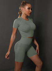 Two-Piece Set – High Elastic Peach Hip Short Sleeve Top & Shorts