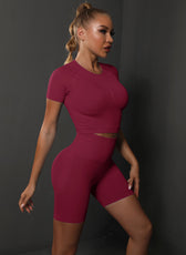 Two-Piece Set – High Elastic Peach Hip Short Sleeve Top & Shorts