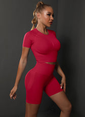 Two-Piece Set – High Elastic Peach Hip Short Sleeve Top & Shorts