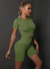 Two-Piece Set – High Elastic Peach Hip Short Sleeve Top & Shorts