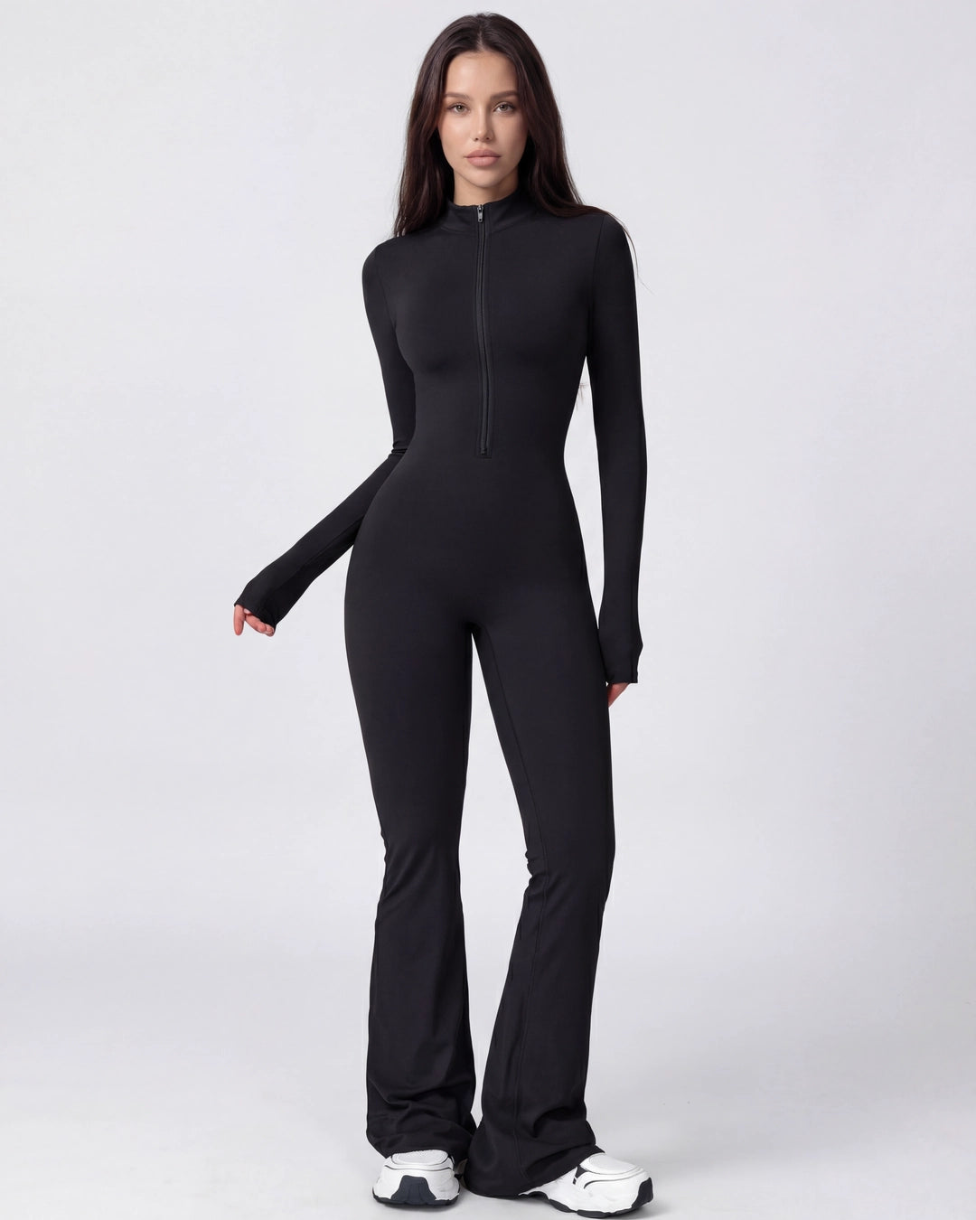 Zip-Up Long-Sleeve Workout Jumpsuit for Women