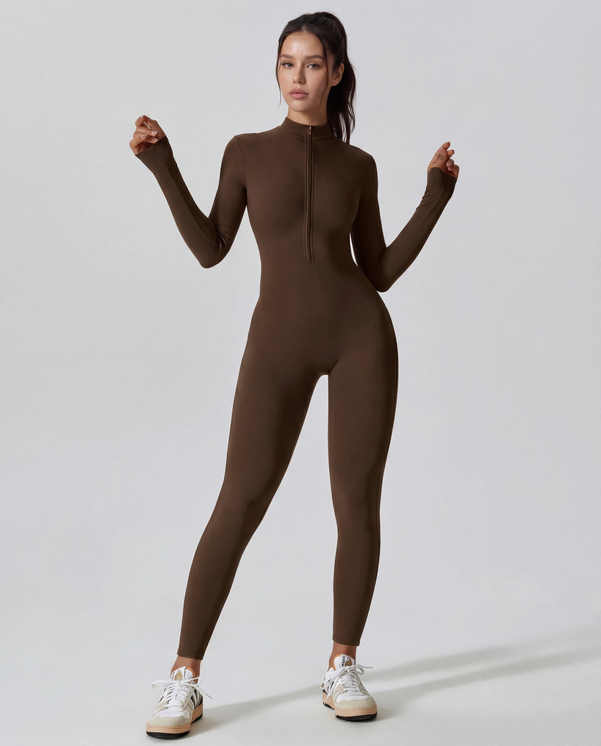 Long-Sleeve Zip-Up Yoga Bodysuit for Women